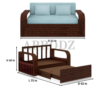 Sheesham Wood Sofa Cum Bed, 2 Seater with Turquoise Upholstery (75 x 51 x 30 Inch)