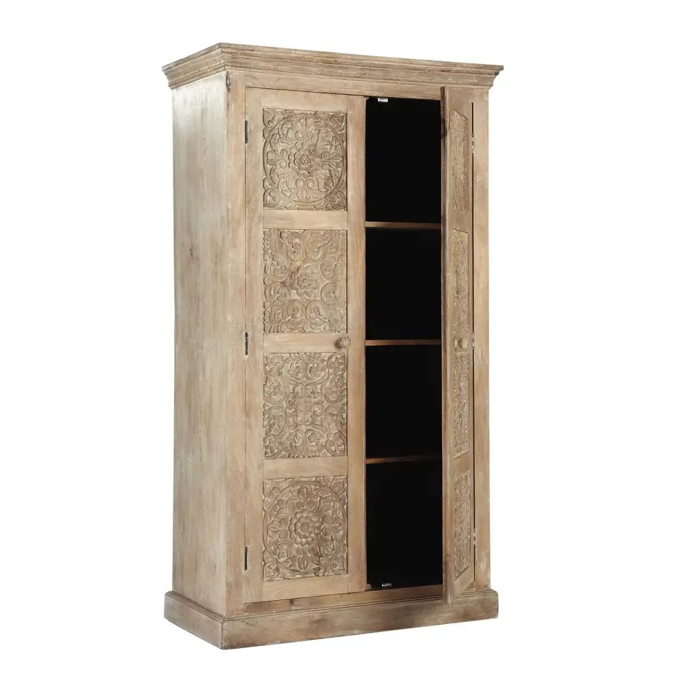 APRODZ Floreale Mango Wood 2-Door Wardrobe Storage Almirah Cupboard for Cloths (Natural Finish)