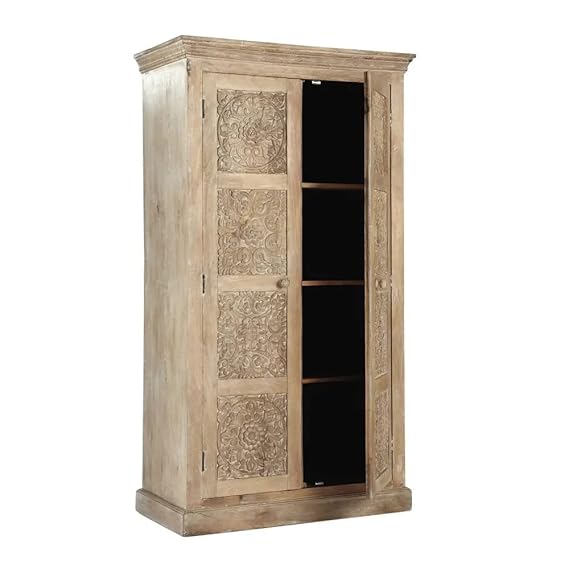 Floreale wardrobe Carved Mango Wood 2-Door Wardrobe Almirah 