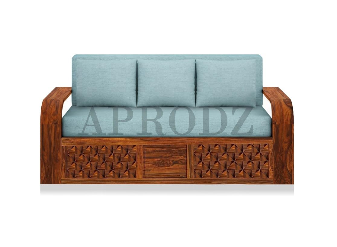 Sheesham Wood Sofa Cum Bed, 3 Seater with Blue Upholstery, Carved Panel Design (75 x69 x30 Inch)