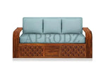 Sheesham Wood 3-Seater Sofa Cum Bed with Blue Upholstery and Carved Panel Design – Stylish, Comfortable, and Durable Convertible Sofa for Living Room  Sheesham Wood Sofa Cum Bed (3 Seater)