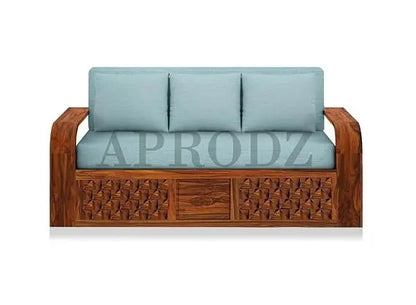 Sheesham Wood 3-Seater Sofa Cum Bed with Blue Upholstery and Carved Panel Design – Stylish, Comfortable, and Durable Convertible Sofa for Living Room  Sheesham Wood Sofa Cum Bed (3 Seater)