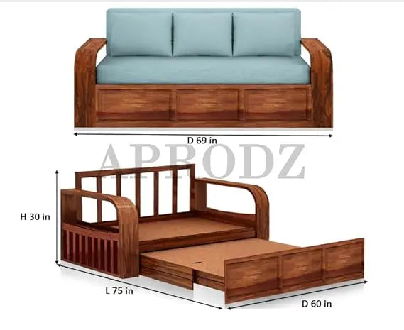 Sheesham Wood Sofa Cum Bed, 3 Seater with Storage 