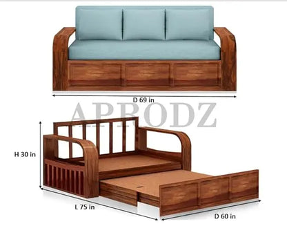 Sheesham Wood Sofa Cum Bed, 3 Seater with Storage 