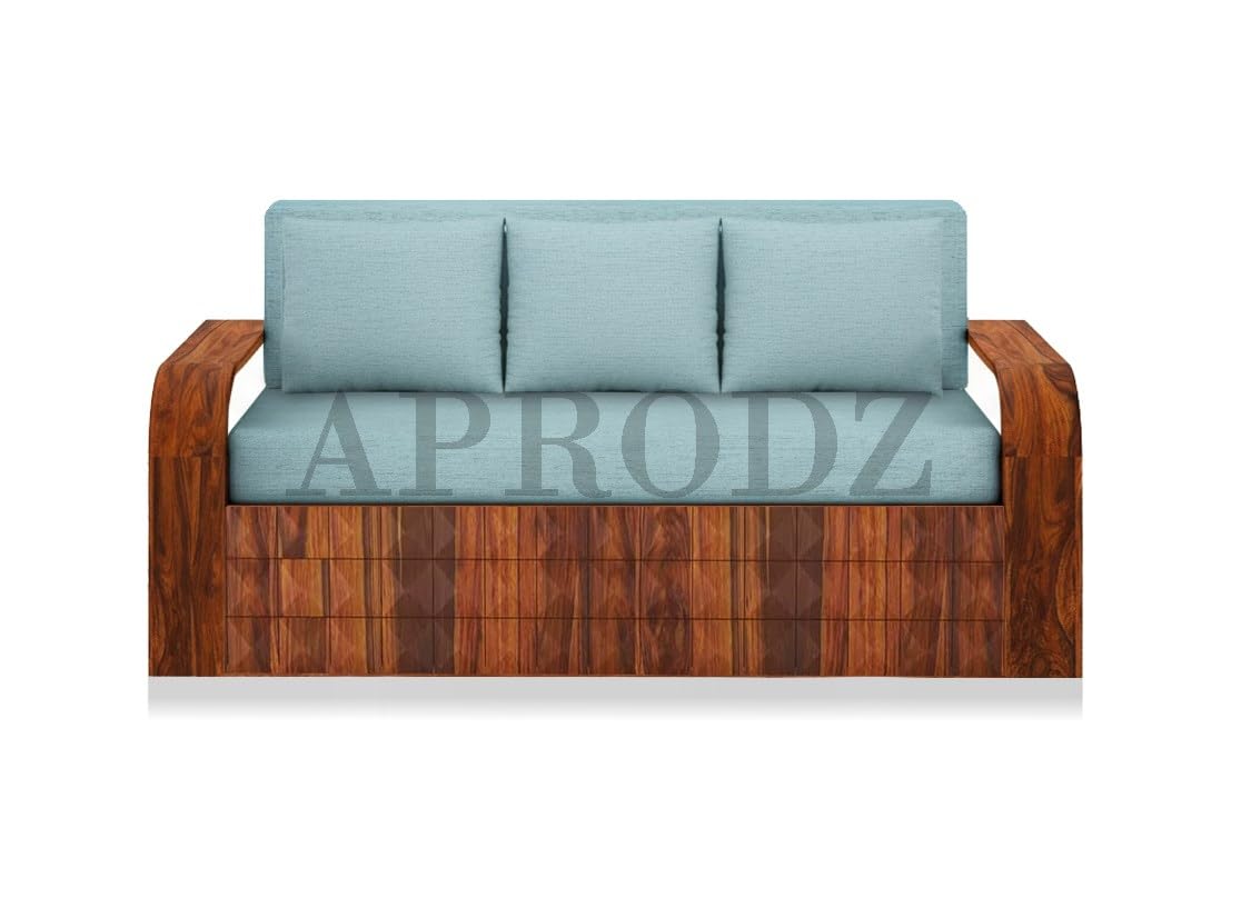 Sheesham Wood Sofa Cum Bed, 3 Seater with Blue Upholstery (75 x69 x30 Inch)