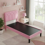 Platform Bed Frame with Velvet Upholstered Headboard and Wooden Slats Support, Mattress Foundation/No Box Spring Needed, 
 Pink Fabric + Leg Wood Black 