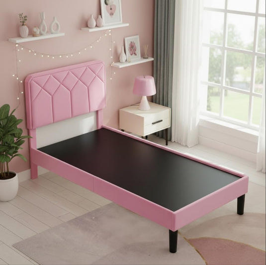 Translation missing: en.Platform Bed Frame with Velvet Upholstered Headboard and Wooden Slats Support, Mattress Foundation/No Box Spring Needed, 
 Pink Fabric + Leg Wood Black 