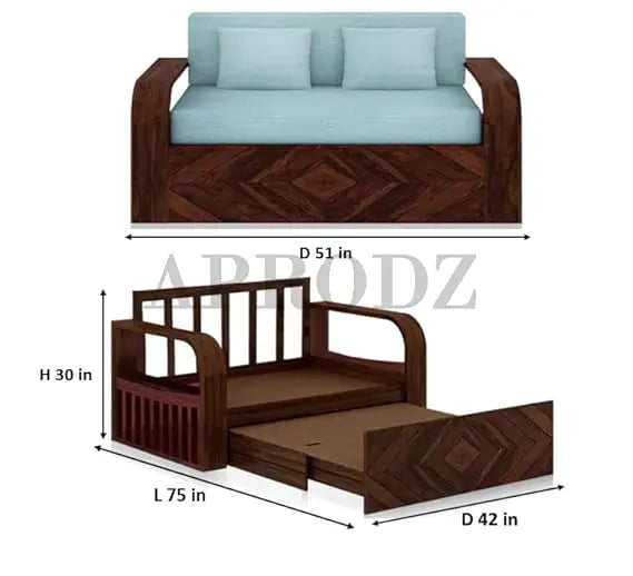 Sheesham Wood 2-Seater Sofa Cum Bed with Storage and Teal Upholstery – Stylish, Comfortable, and Space-Saving Convertible Sofa for Your Living Room  Sheesham Wood Sofa Cum Bed (2 Seater)