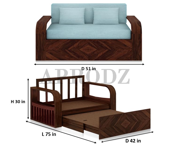 Sheesham Wood Sofa Cum Bed with Storage, 2 Seater, Teal Upholstery (75 x 51 x 30 Inch)