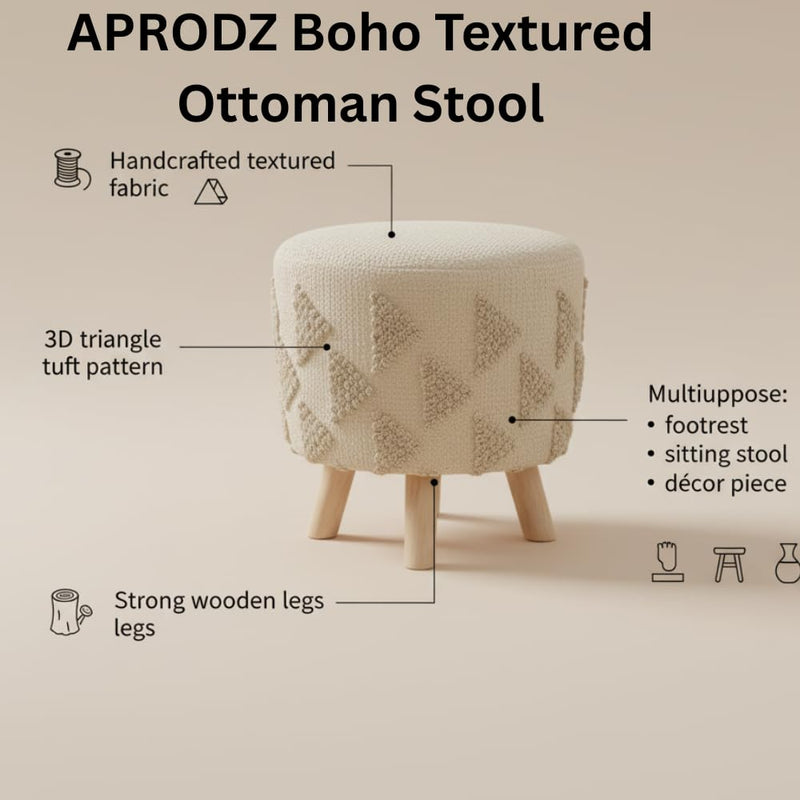 Printed Ottoman Stool Upholstered Foam Cushioned Pouffes for Living Room | Puffy Muddha Stool for Footrest & Sitting, Velvet Pouf Stool, Furniture for Home Decor, Office Set of 1 (Cream) 