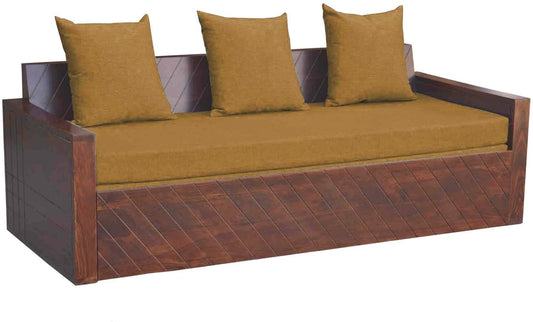 APRODZ Compak Solid Sheesham Wood Sofa Cum Bed (Rosewood - Ochre Yellow Fabric + Brown)