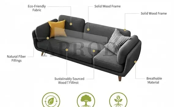 Luxelle Modern Sofa 3 Seater Velvet Upholstered Sofa Set with Tufted Backrest Cushioned Seating Tipped Gold Wooden Legs Couch for Living Room & Lounge (Charcoal Grey) 