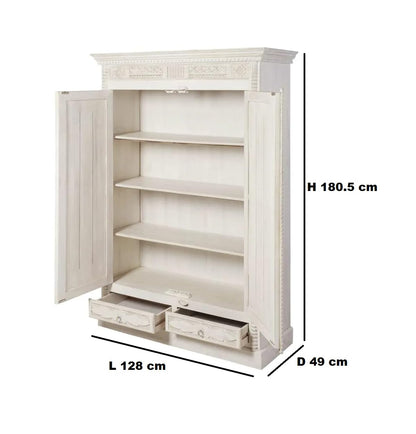 APRODZ Bianco Carved Mango Wood 2-Door Wardrobe Storage Almirah Cupboard for Cloths (Aged White)