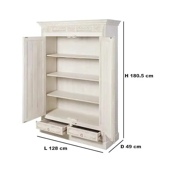 Bianco Carved Mango Wood 2‑Door Wardrobe – Aged White Storage Almirah 