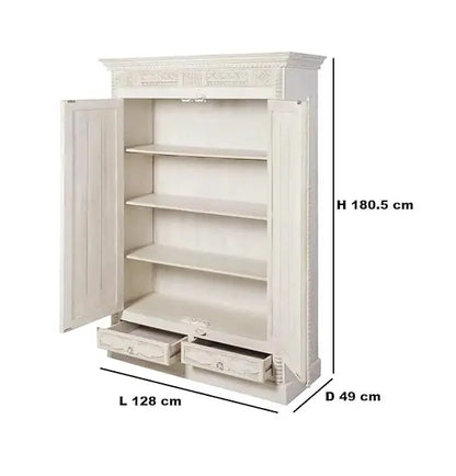 Bianco Carved Mango Wood 2‑Door Wardrobe – Aged White Storage Almirah 