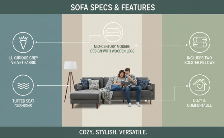 Translation missing: en.MidCen Wooden 3 Seater Sofa Set with High-Density Comfortable Foam for Home &amp; Living Room (Upholstered- Dark Green Velvet Fabric) 