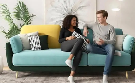 Luxelle Modern Sofa 3 Seater Velvet Upholstered Sofa Set with Tufted Backrest Cushioned Seating Tipped Gold Wooden Legs Couch for Living Room & Lounge (Aqua Blue) 