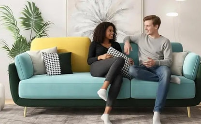 Luxelle Modern Sofa 3 Seater Velvet Upholstered Sofa Set with Tufted Backrest Cushioned Seating Tipped Gold Wooden Legs Couch for Living Room & Lounge (Aqua Blue) 