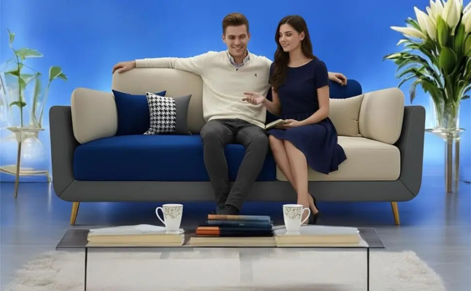 Luxelle Modern Sofa 3 Seater Velvet Removable Covers Sofa Set with Tufted Backrest Couch Cushioned Seating Tipped Wooden Legs Couch for Living Room & Lounge (Navyblue/Grey) 