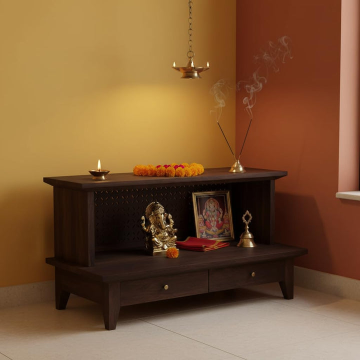 Translation missing: en.Wooden Pooja Temple – Solid Wood Floor-Mount, Polished Finish, 88.9 x 35.6 x 45.7 