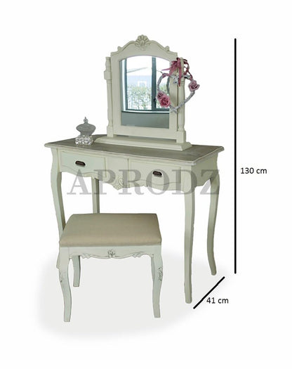 APRODZ Wooden Antique Dressing Table with Stool for Living Room (White Finish)