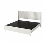 Upholstered Bed Frame with Channel Tufted Headboard, Beige + Leg Wood Black 