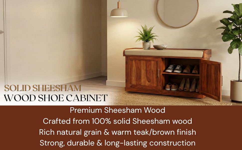 Wooden Multipurpose Cupboard & Shoe Rack – Spacious Storage Cabinet with Seating for Home, Entryway & Living Room (Large, Teak Finish) 