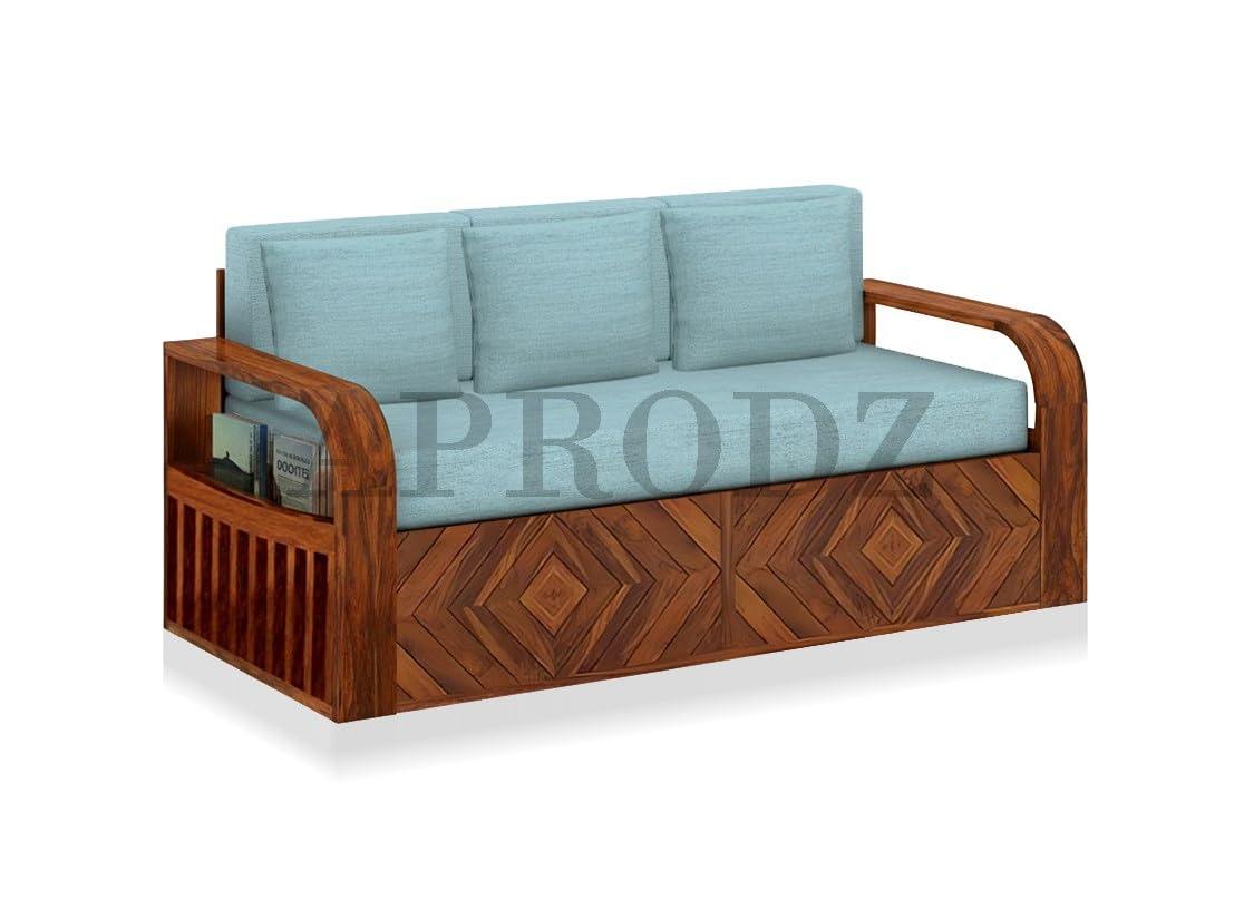 Sheesham Wood Sofa Cum Bed, 3 Seater, with Blue Upholstery, Diamond Pattern Design (75 x69 x30 Inch)