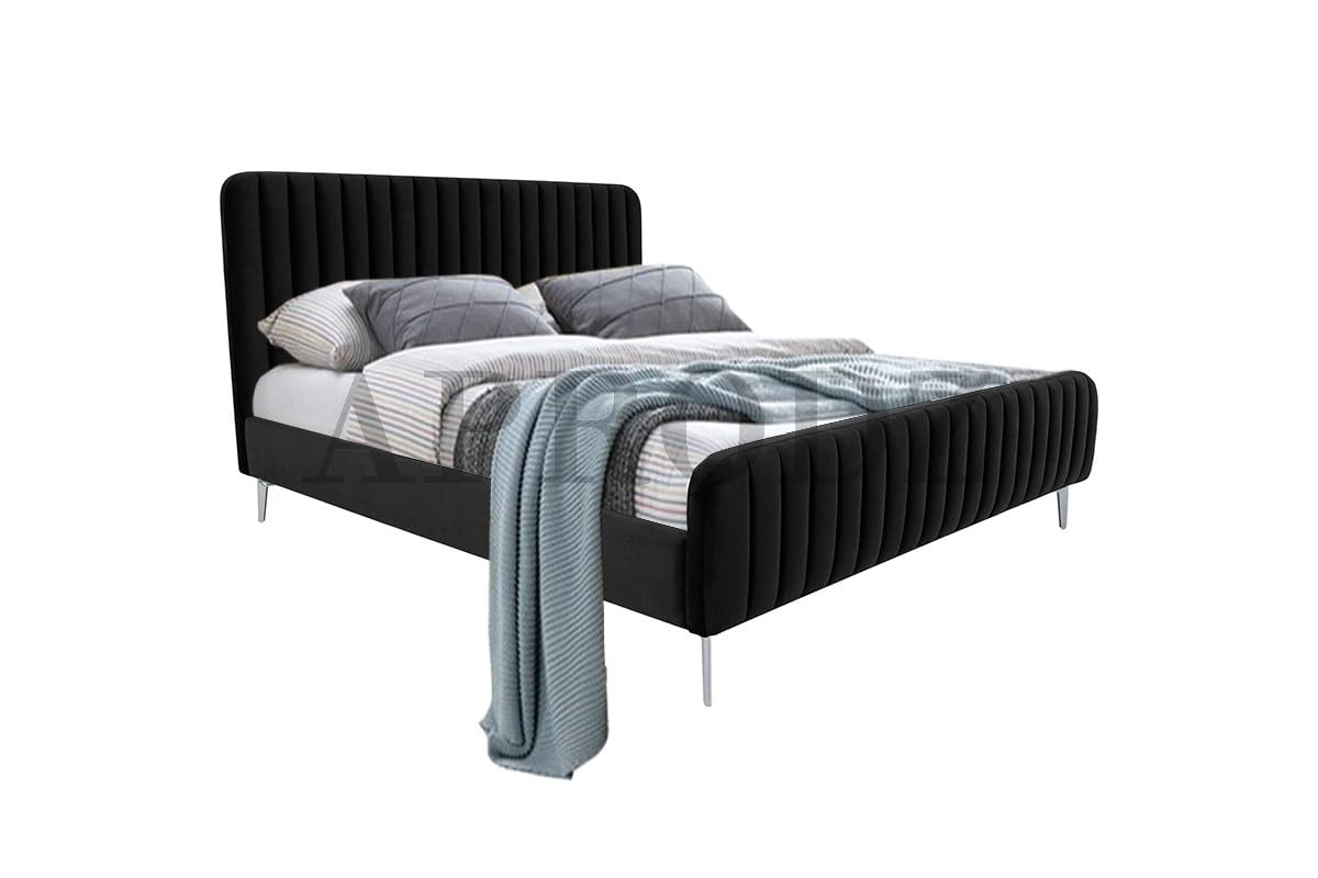 APRODZ Fluted Velvet Upholstered King Size Platform Bed for Bedroom, Home Furniture with Metal Feet (Black)