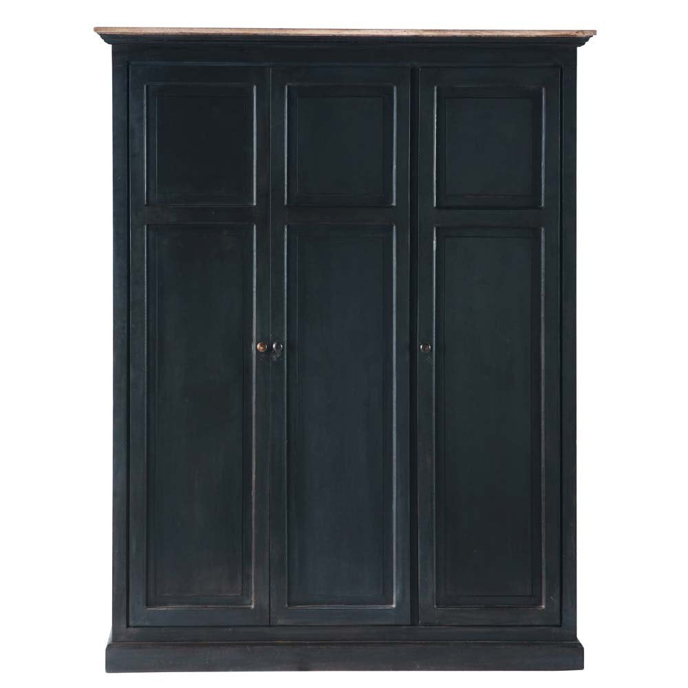 APRODZ Mango Wood Multipurpose Storage 3-Door Seoul Wardrobe Almirah for Living Room | Black Finish