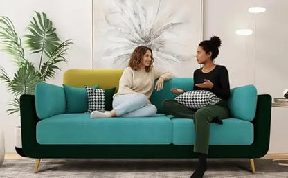 Luxelle Modern Sofa 3 Seater Velvet Upholstered Sofa Set with Tufted Backrest Cushioned Seating Tipped Wooden Legs Couch for Living Room & Lounge (Teal/Yellow) 