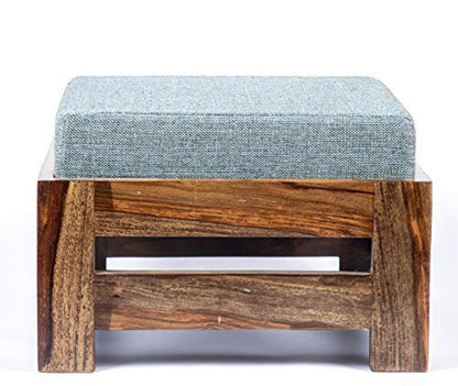 Solid Rosewood Footstool with Cushion - Teak Finish ; Beige Jute