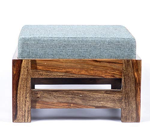 Solid Rosewood Footstool with Cushion - Teak Finish ; Beige Jute