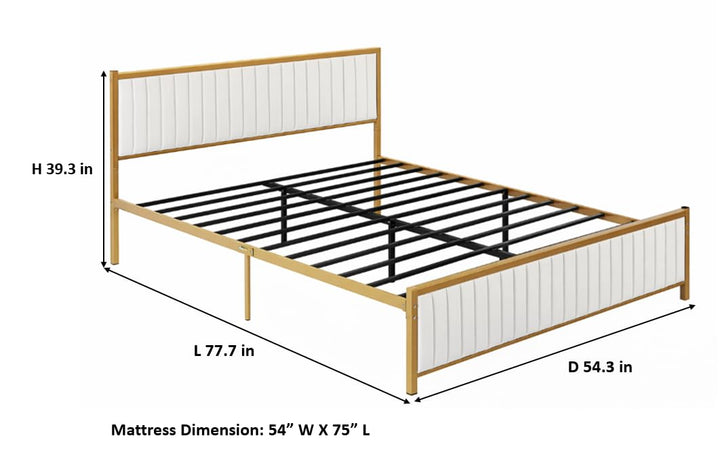 Translation missing: en.Upholstered Bed Modern Strip Headboard Footboard Platform Bed Frame with Heavy-Duty Metal Slats, No Box Spring Needed, Beige Fabric + Gold Powdercoated 