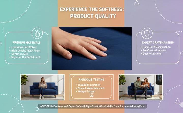 Translation missing: en.MidCen Wooden 2 Seater Sofa with High-Density Comfortable Foam for Home &amp; Living Room (Upholstered- Dark Blue Velvet Fabric) 