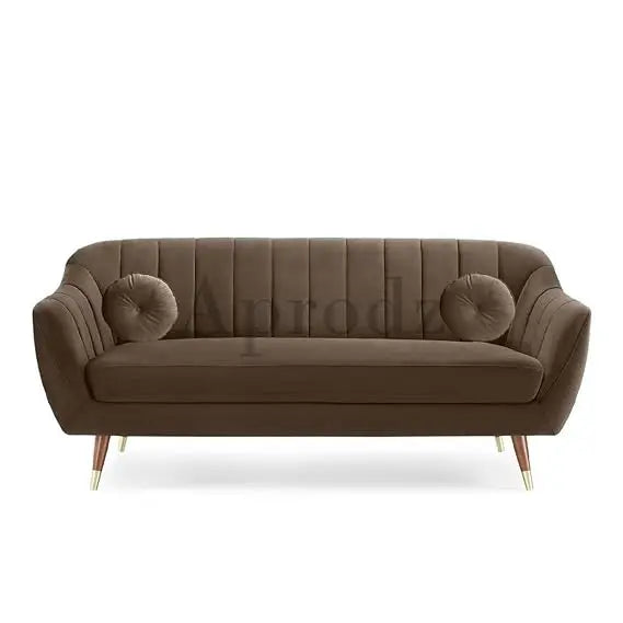 Modern Velvet 3-Seater Sofa – Channel Tufted Gold Legs (Brown) | Living room 
