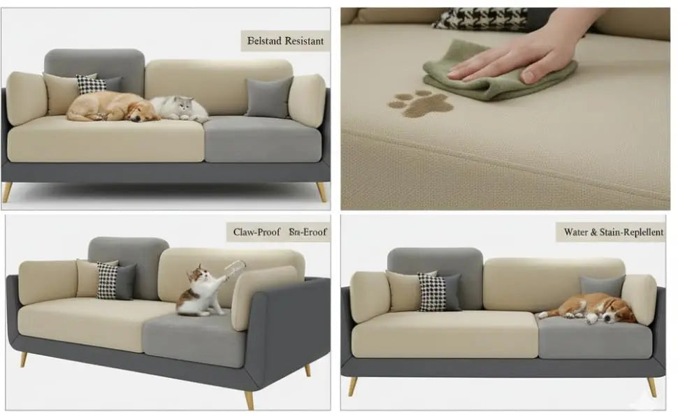 Luxelle Modern Sofa 3 Seater Velvet Upholstered Sofa Set with Tufted Backrest Cushioned Seating Tipped Gold Wooden Legs Couch for Living Room & Lounge (Beige/Grey) 