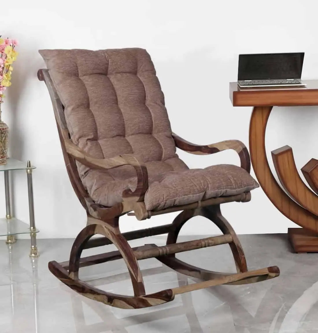 Narkali Sheesham Wood Ergonomic Rocking Chair with Cushion (Wood Finish) 