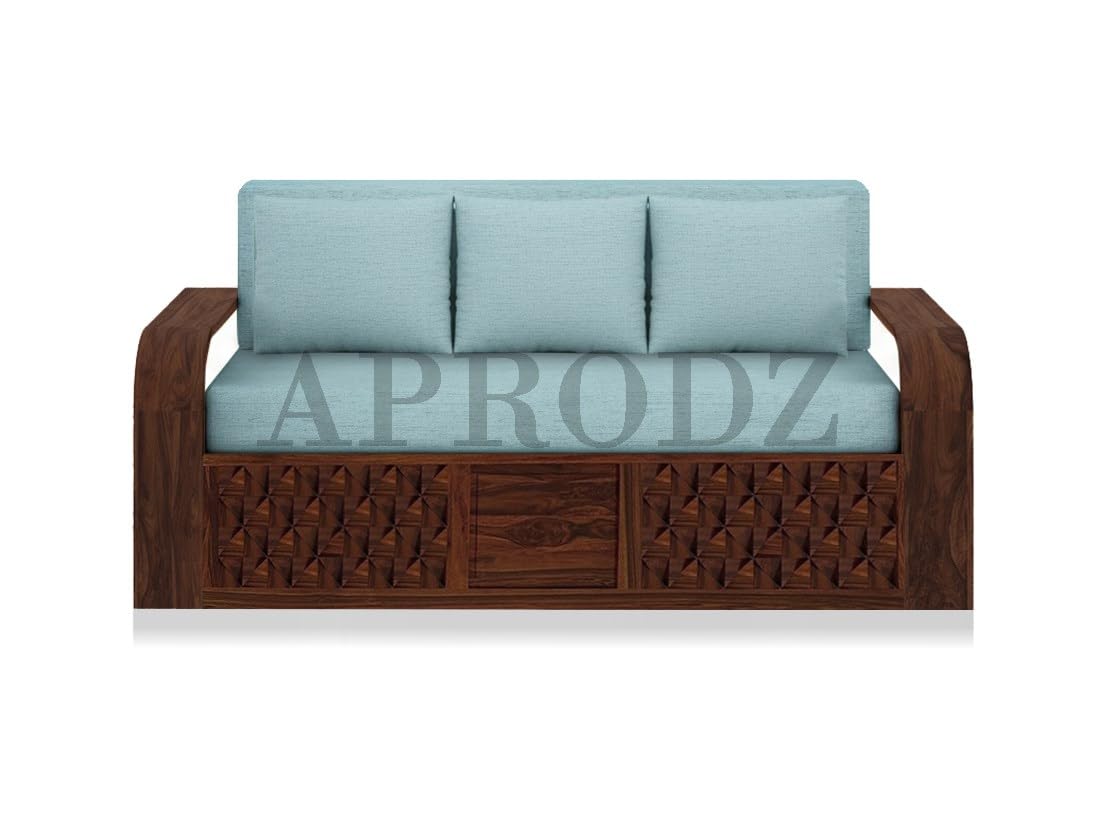 Sheesham Wood Sofa Cum Bed, 3 Seater with Blue Upholstery, Carved Panel Design (75 x69 x30 Inch)