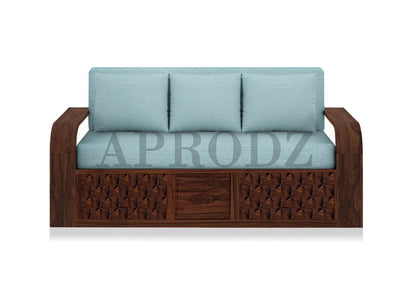 Sheesham Wood Sofa Cum Bed, 3 Seater with Blue Upholstery, Carved Panel Design (75 x69 x30 Inch)