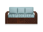 Sheesham Wood 3-Seater Sofa Cum Bed with Blue Upholstery and Carved Panel Design – Stylish, Comfortable, and Durable Convertible Sofa for Living Room  Sheesham Wood Sofa Cum Bed (3 Seater)