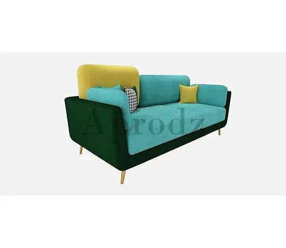 Luxelle Modern Sofa 3 Seater Velvet Upholstered Sofa Set with Tufted Backrest Cushioned Seating Tipped Wooden Legs Couch for Living Room & Lounge (Teal/Yellow) 