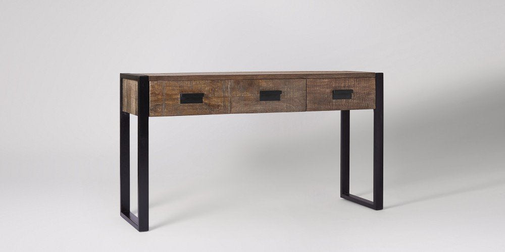 APRODZ Mango Wood & Steel APAC Console Table with 3 Drawer for Living Room | Wooden Console Table | Brown Finish