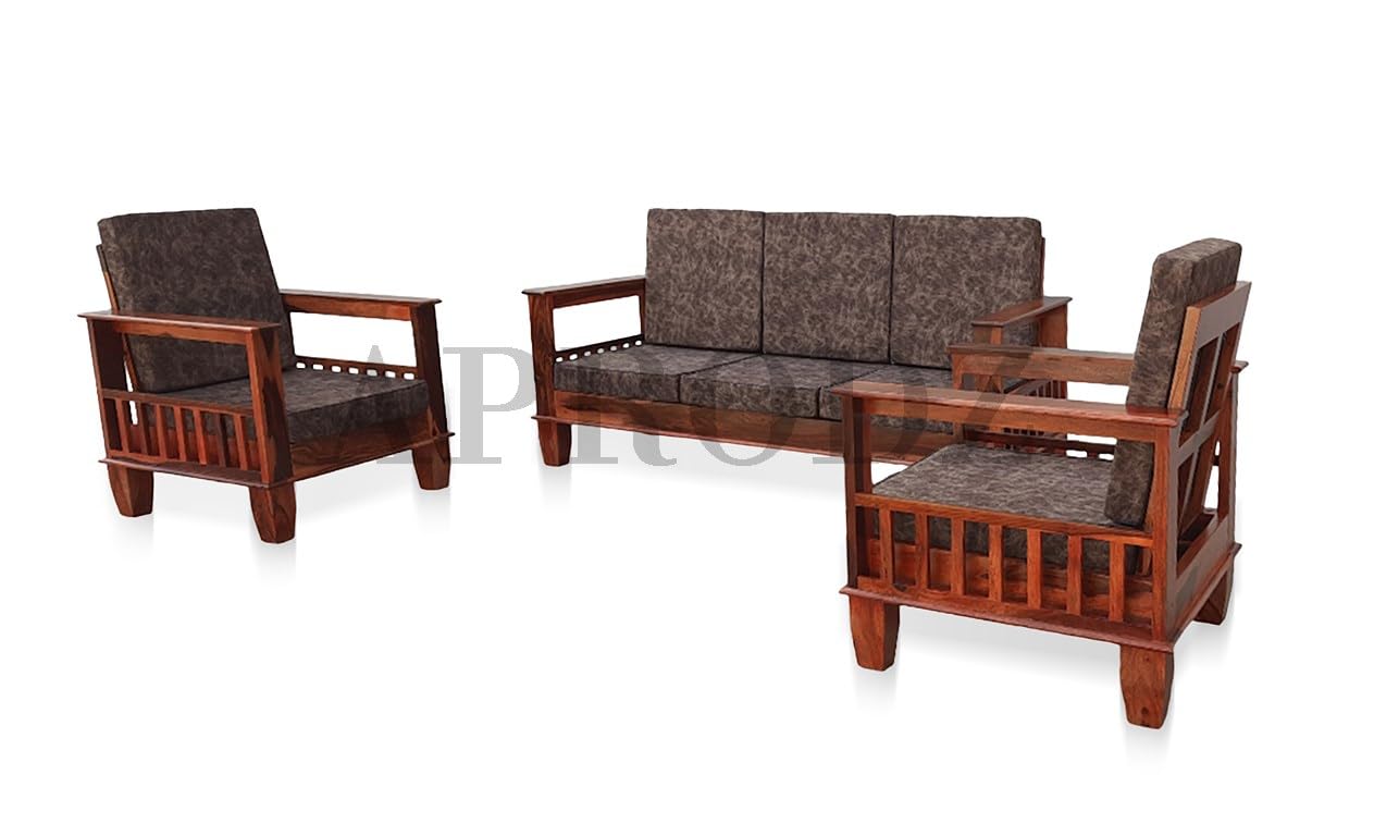 APRODZ Kitarp Sheesham Wood 5 Seater Sofa Set 3+1+1 for Living Room with Seat & Back Cushion (Suede Upholestry)