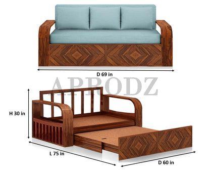 Sheesham Wood Sofa Cum Bed, 3 Seater, with Blue Upholstery, Diamond Pattern Design (75 x69 x30 Inch)