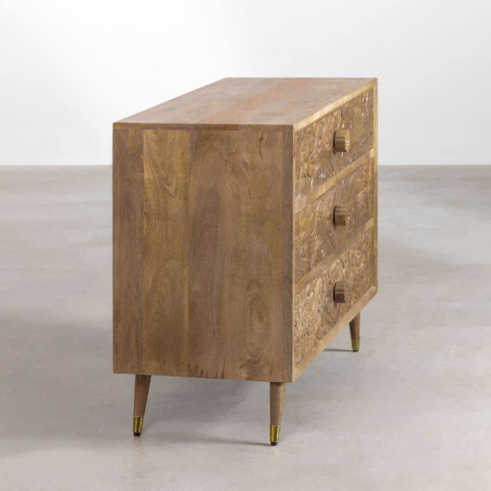 Mango Wood Rustic Floral Chest of Drawers, Brown Natural Finish, 1 Unit, 1 Cabinet, 1 Piece, 1 Item, Standard Size, 38 x 16 x 30 inches
