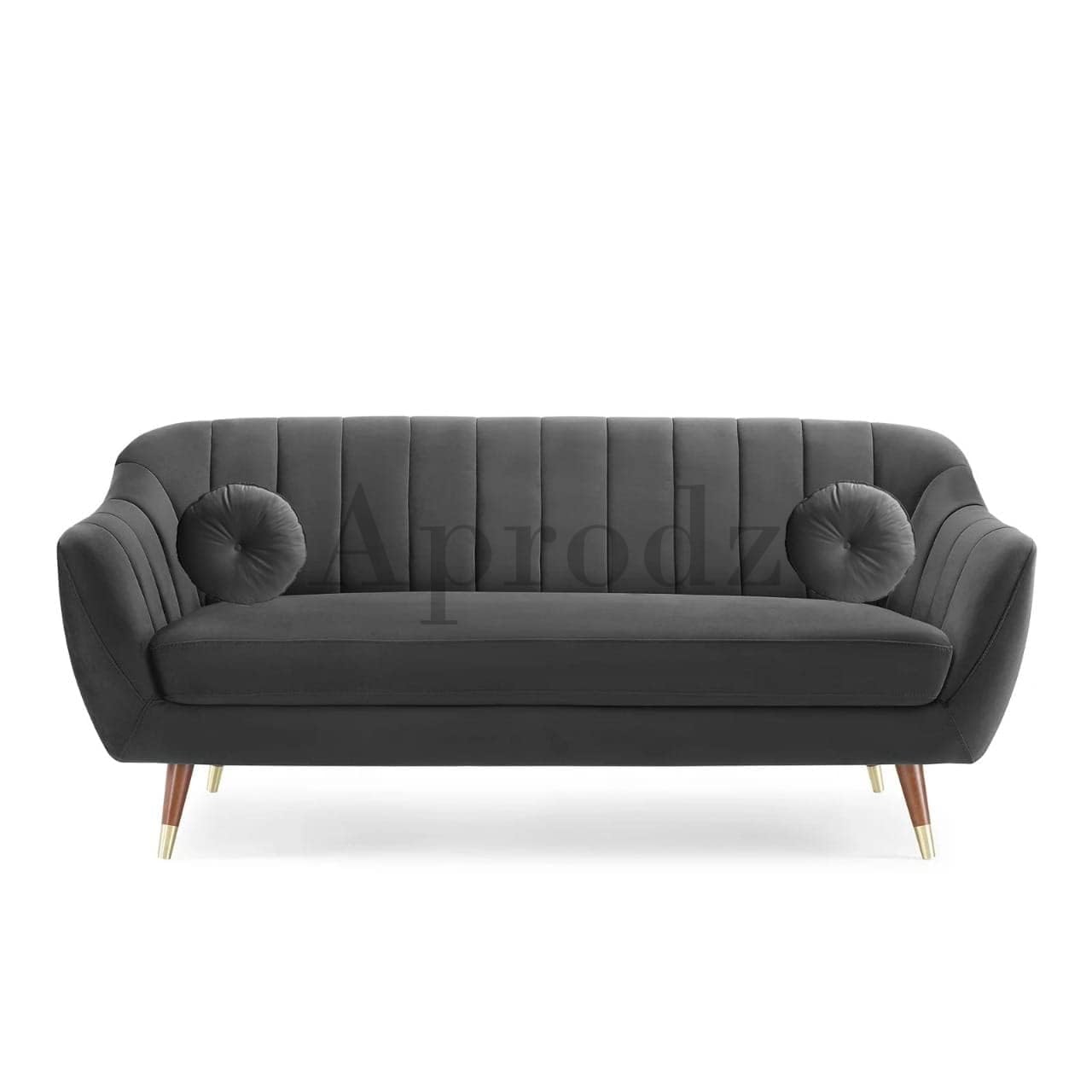 Lumina Modern Velvet Upholstered 3-Seater Sofa with Channel Tufted Backrest & Golden Metal Legs | Stylish Mid-Century Couch for Living Room & Lounge