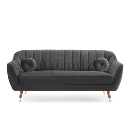Lumina Modern Velvet Upholstered 3-Seater Sofa with Channel Tufted Backrest & Golden Metal Legs | Stylish Mid-Century Couch for Living Room & Lounge