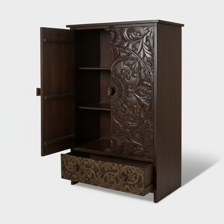 Translation missing: en.Scolpito Mango Wood Wardrobe for Bedroom 2-Door Antique Wooden Almirah for Storage/Space Saving with 1-Drawer Storage Organizer Rack Clothes Cupboard for Bedroom 