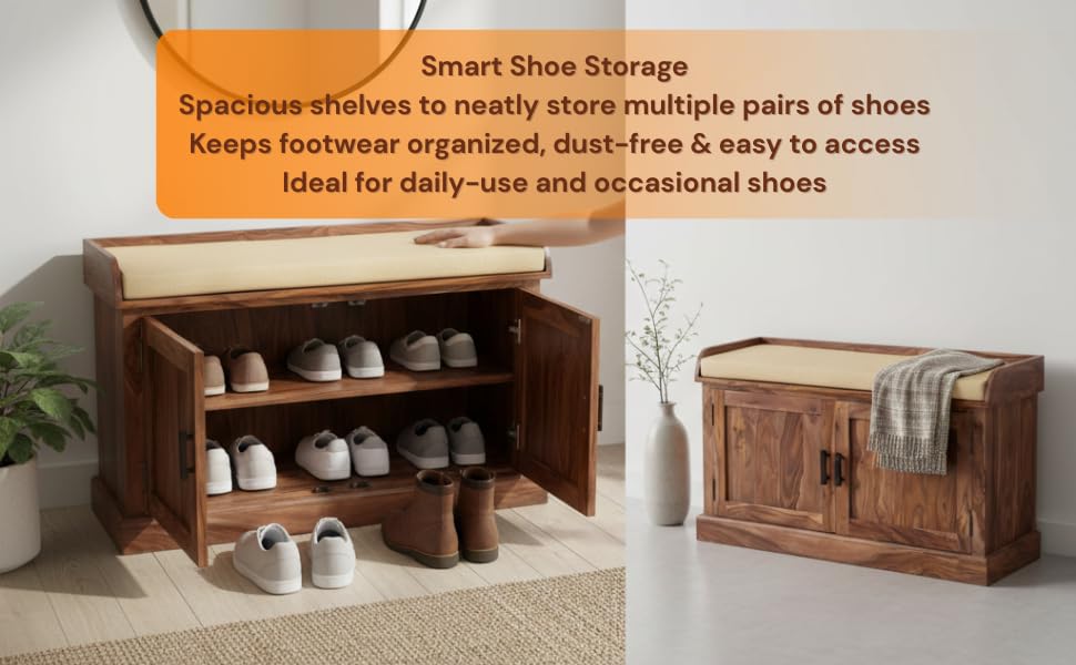 Wooden Multipurpose Cupboard & Shoe Rack – Spacious Storage Cabinet with Seating for Home, Entryway & Living Room (Large, Teak Finish) 